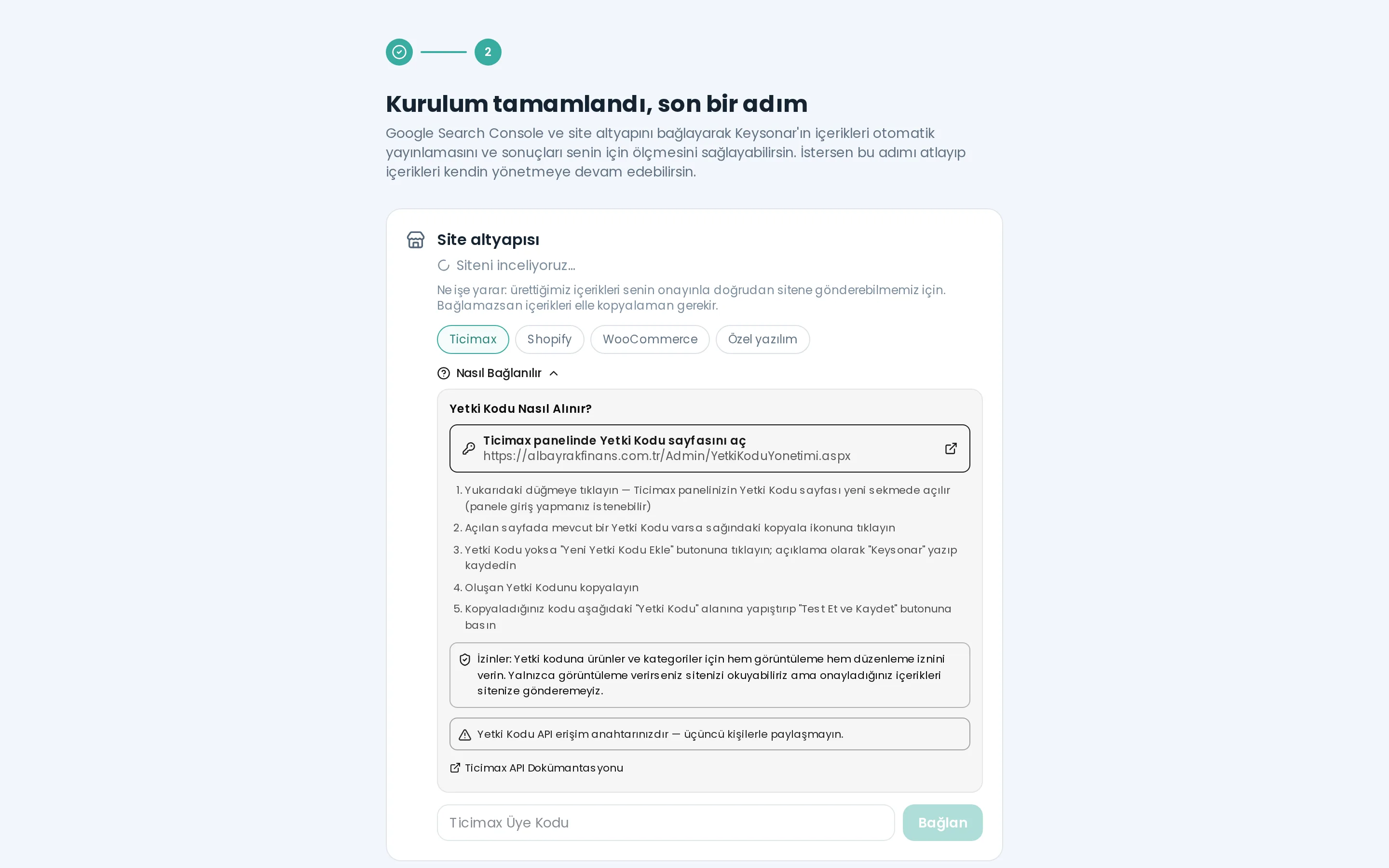 Ticimax bağlantısı — ilgili Keysonar ekranı