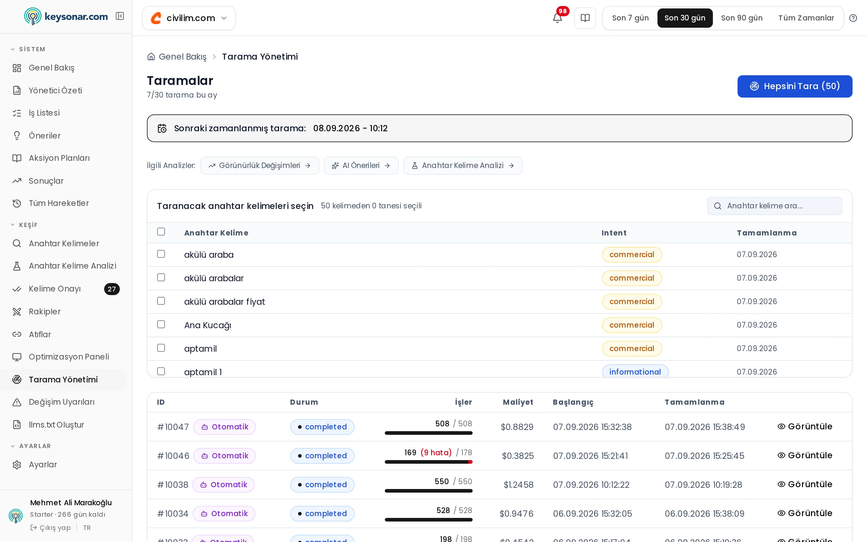 AI taramasını yönetme — ilgili Keysonar ekranı