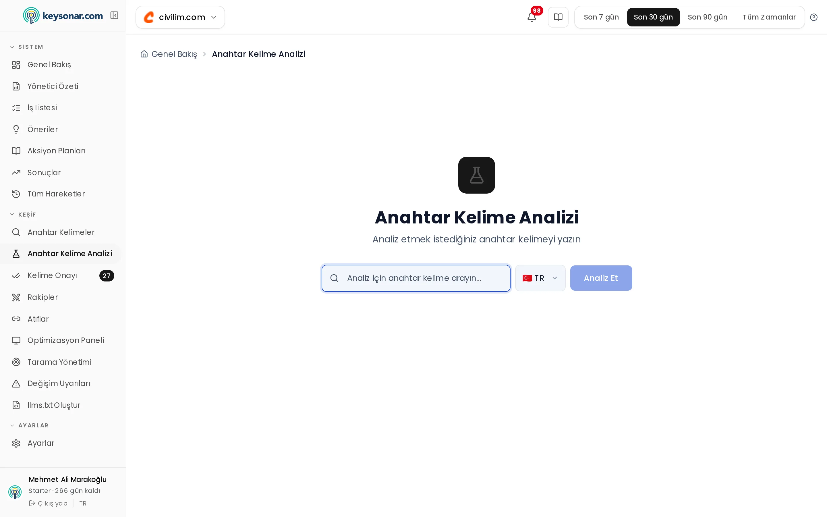 Kelime ve domain araştırması — ilgili Keysonar ekranı