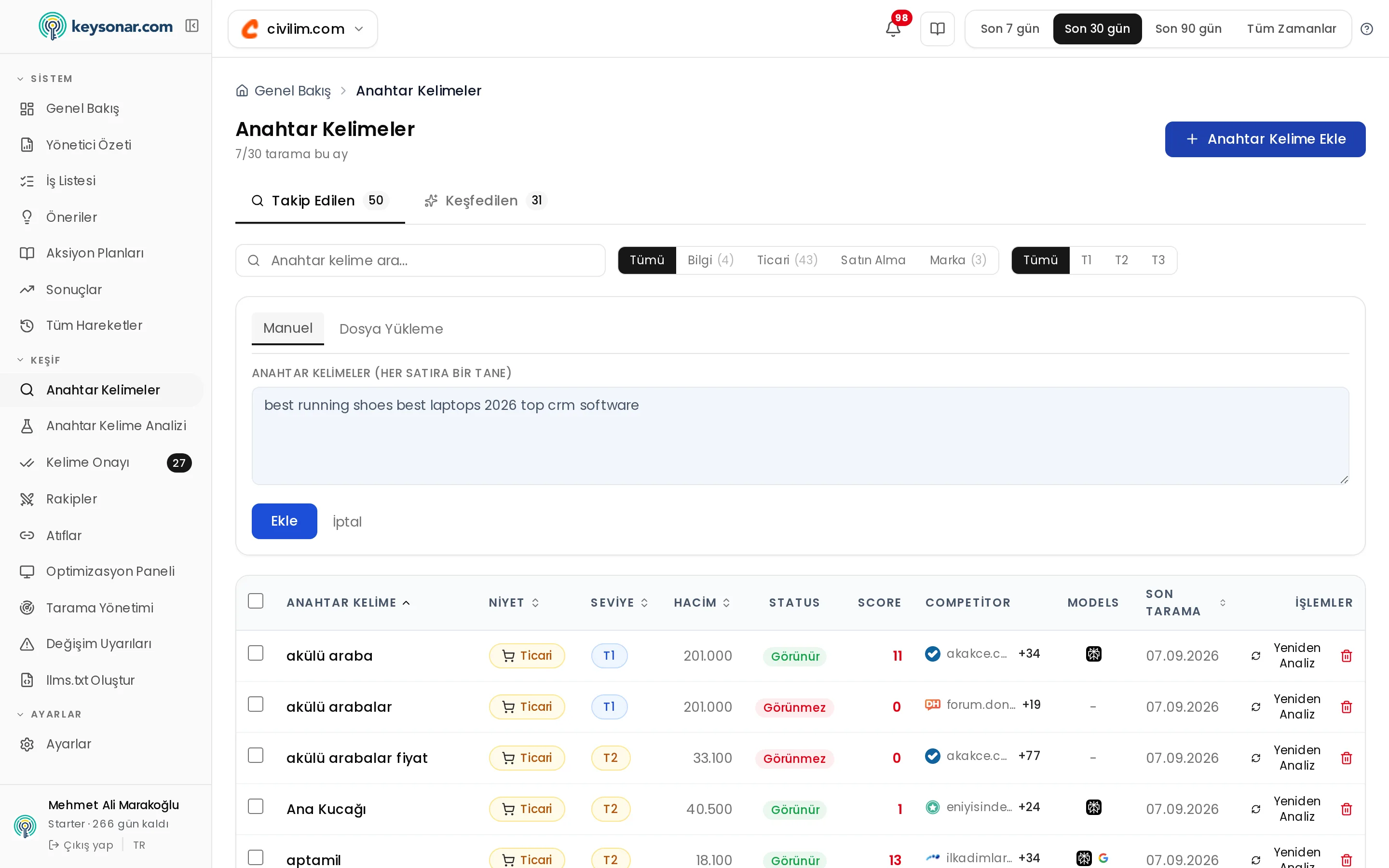 Kelime ekleme ve AI takibi — ilgili Keysonar ekranı