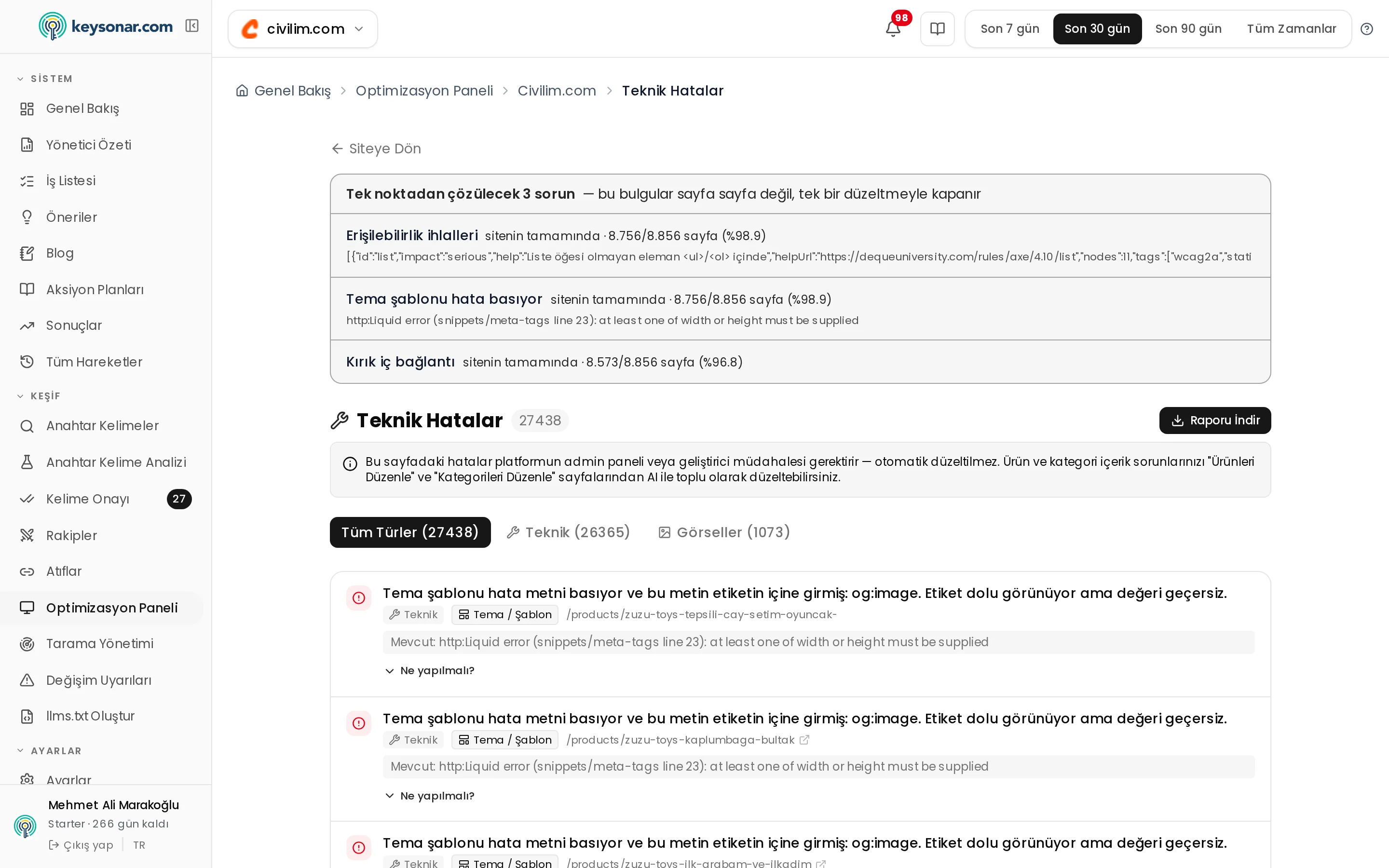 Teknik sorunları inceleme — ilgili Keysonar ekranı